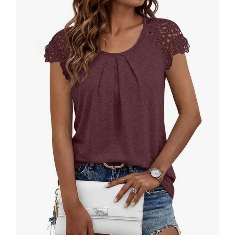 Automet Women's Maroon Lace Short Sleeve T-Shirt Top Size Small NWT